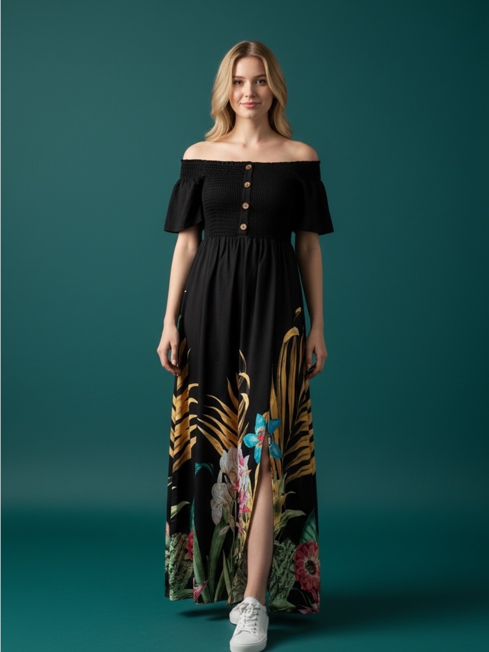 Off-Shoulder Black Floral Maxi Dress with Button Front